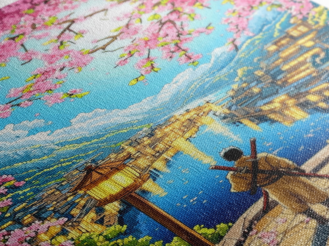 Samurai Over Lake Village With Cherry Blossoms Canvas Print, Japanese Wall Art, Anime Landscape, Travel Inspired Home Decor