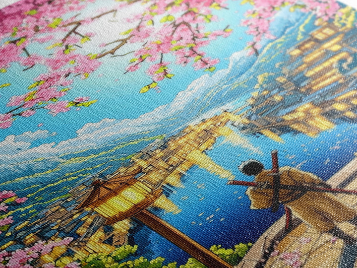 Samurai Over Lake Village With Cherry Blossoms Canvas Print, Japanese Wall Art, Anime Landscape, Travel Inspired Home Decor