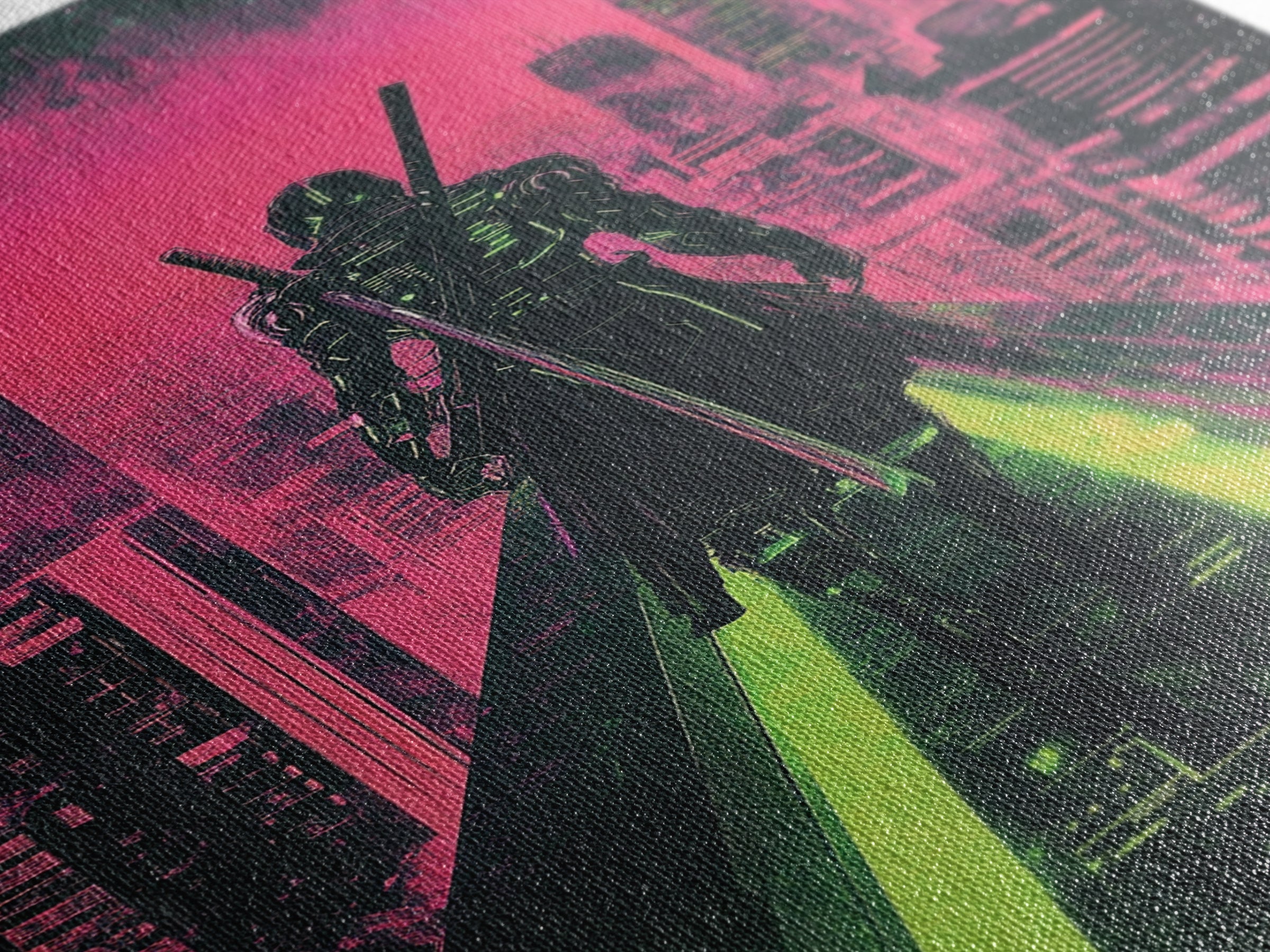Cyberpunk Samurai On Neon Rooftop Wall Art, Futuristic Cityscape Poster, Pink Green Sci Fi Gaming Room Decor For Him Gift