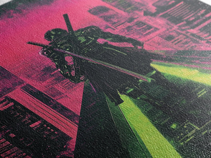 Cyberpunk Samurai On Neon Rooftop Wall Art, Futuristic Cityscape Poster, Pink Green Sci Fi Gaming Room Decor For Him Gift