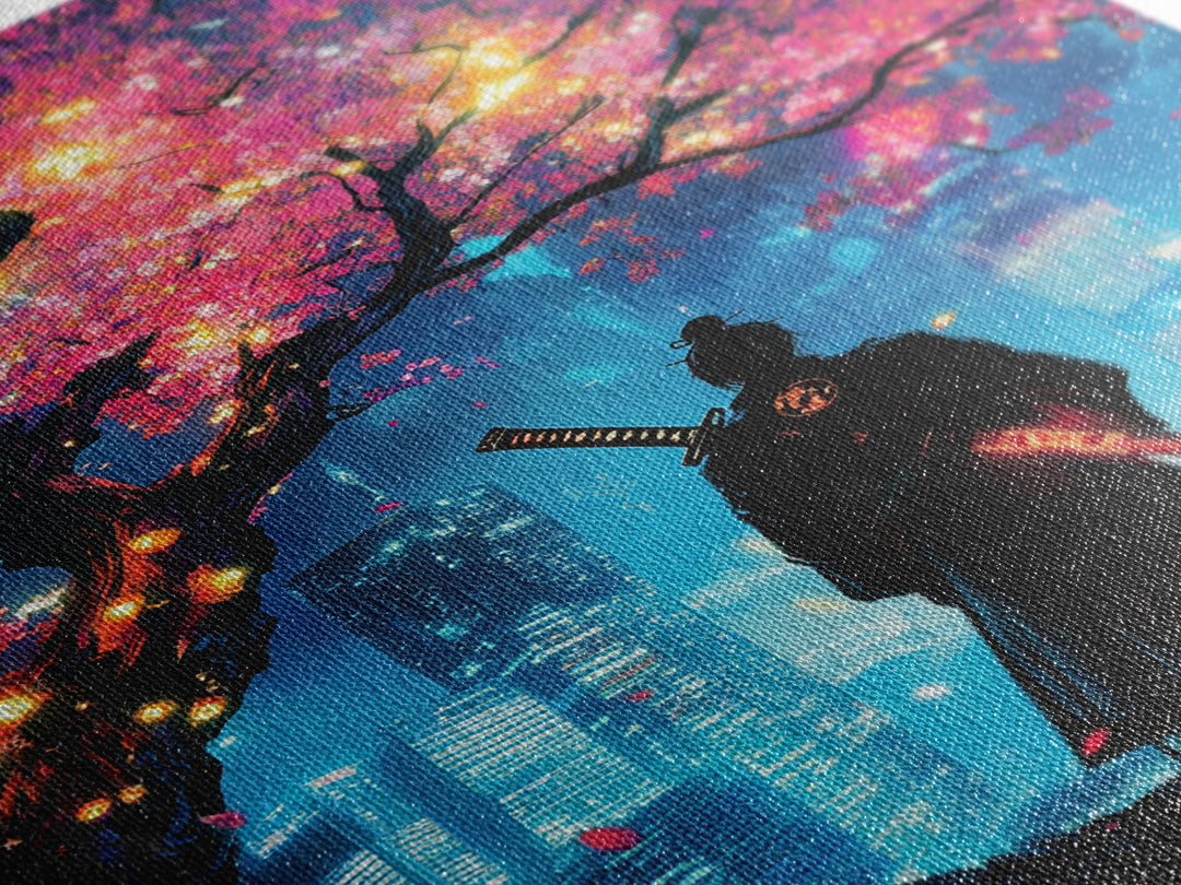 Cyberpunk Samurai Under Glowing Sakura Tree Wall Art, Neon Japanese Cityscape, Moody Anime Poster, Gaming Room Decor Gift For Him