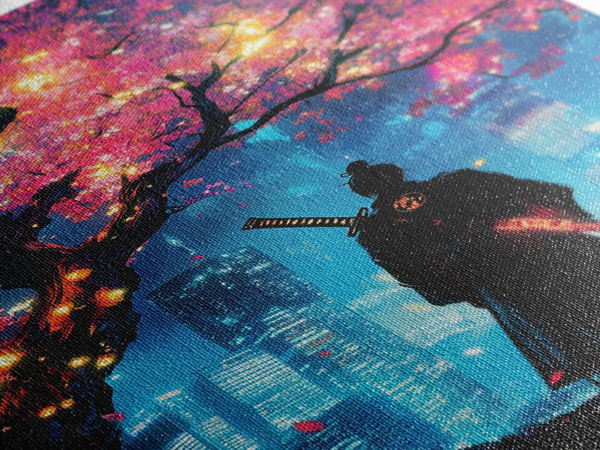 Cyberpunk Samurai Under Glowing Sakura Tree Wall Art, Neon Japanese Cityscape, Moody Anime Poster, Gaming Room Decor Gift For Him