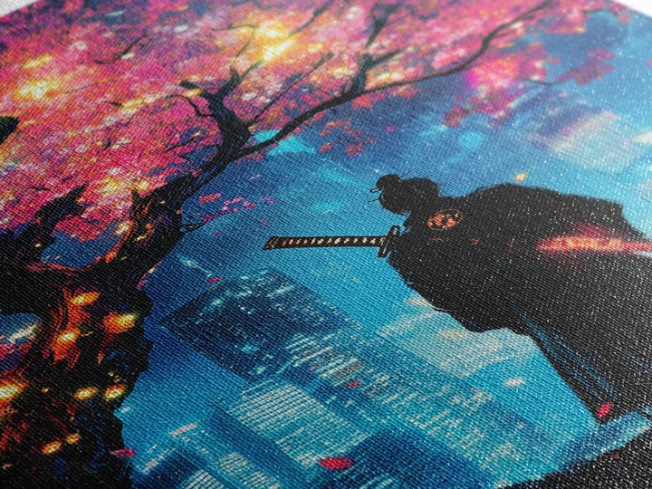 Cyberpunk Samurai Under Glowing Sakura Tree Wall Art, Neon Japanese Cityscape, Moody Anime Poster, Gaming Room Decor Gift For Him