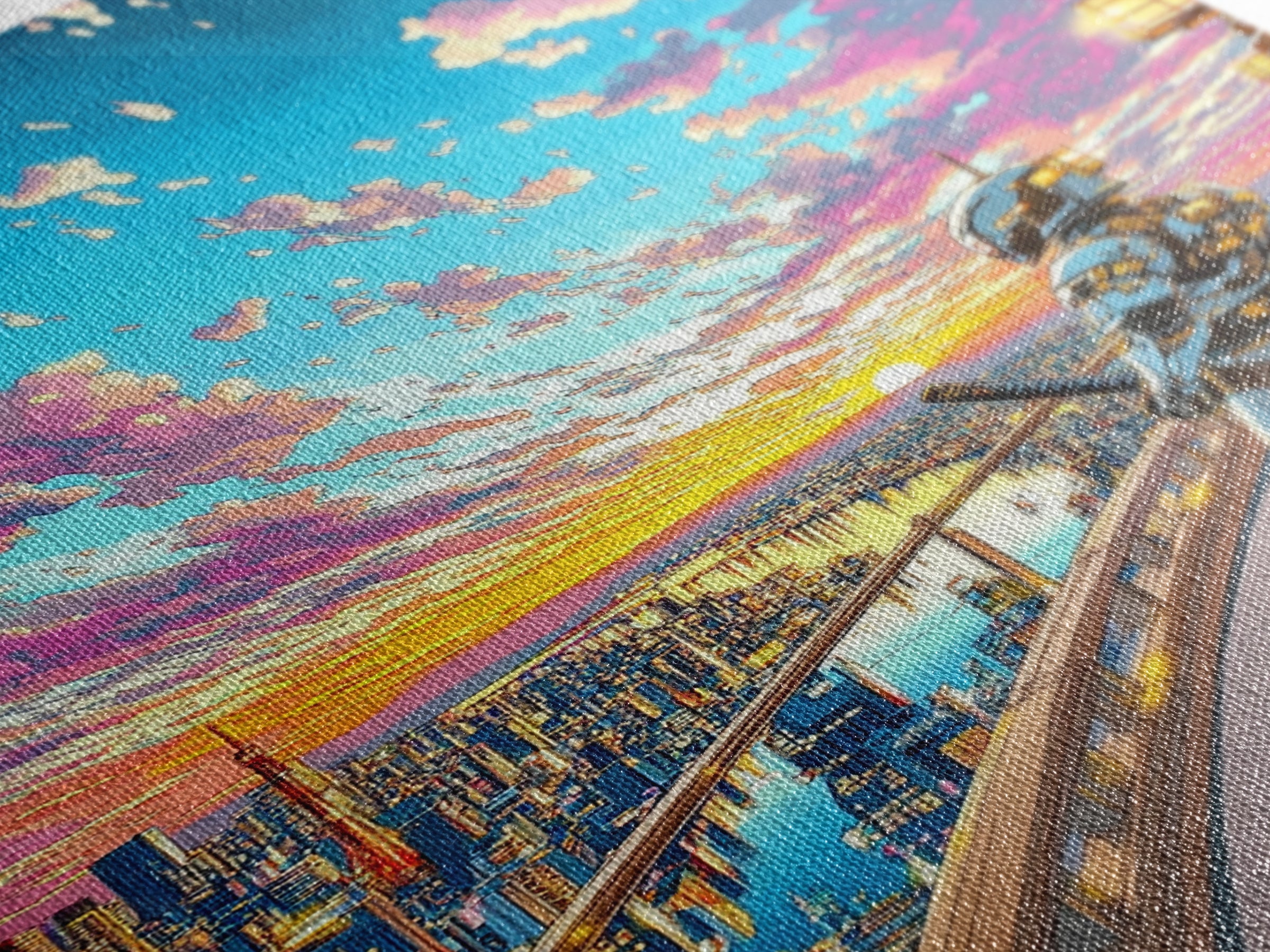 Samurai On Skyline Balcony At Pink Sunset Canvas Print, Japanese Cyberpunk Wall Art, Anime Cityscape Home Office Decor Print