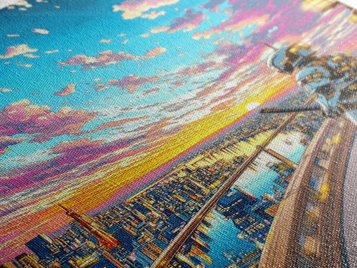 Samurai On Skyline Balcony At Pink Sunset Canvas Print, Japanese Cyberpunk Wall Art, Anime Cityscape Home Office Decor Print