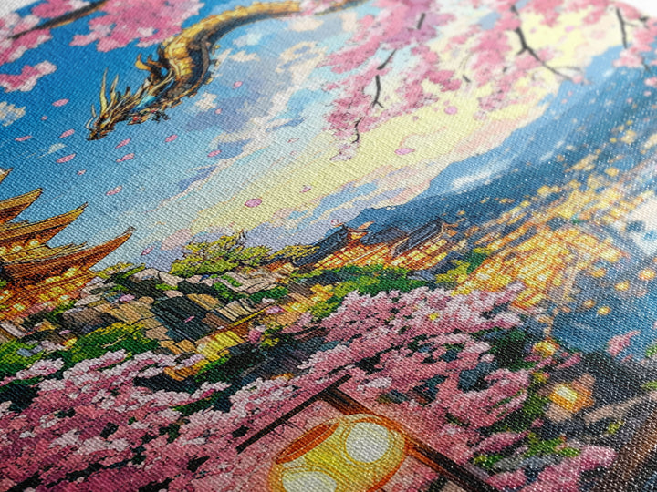 Flying Dragon Above Sakura Pagoda Framed Canvas Print, Japanese Fantasy Landscape Wall Art, Pink Cherry Blossom Decor Print