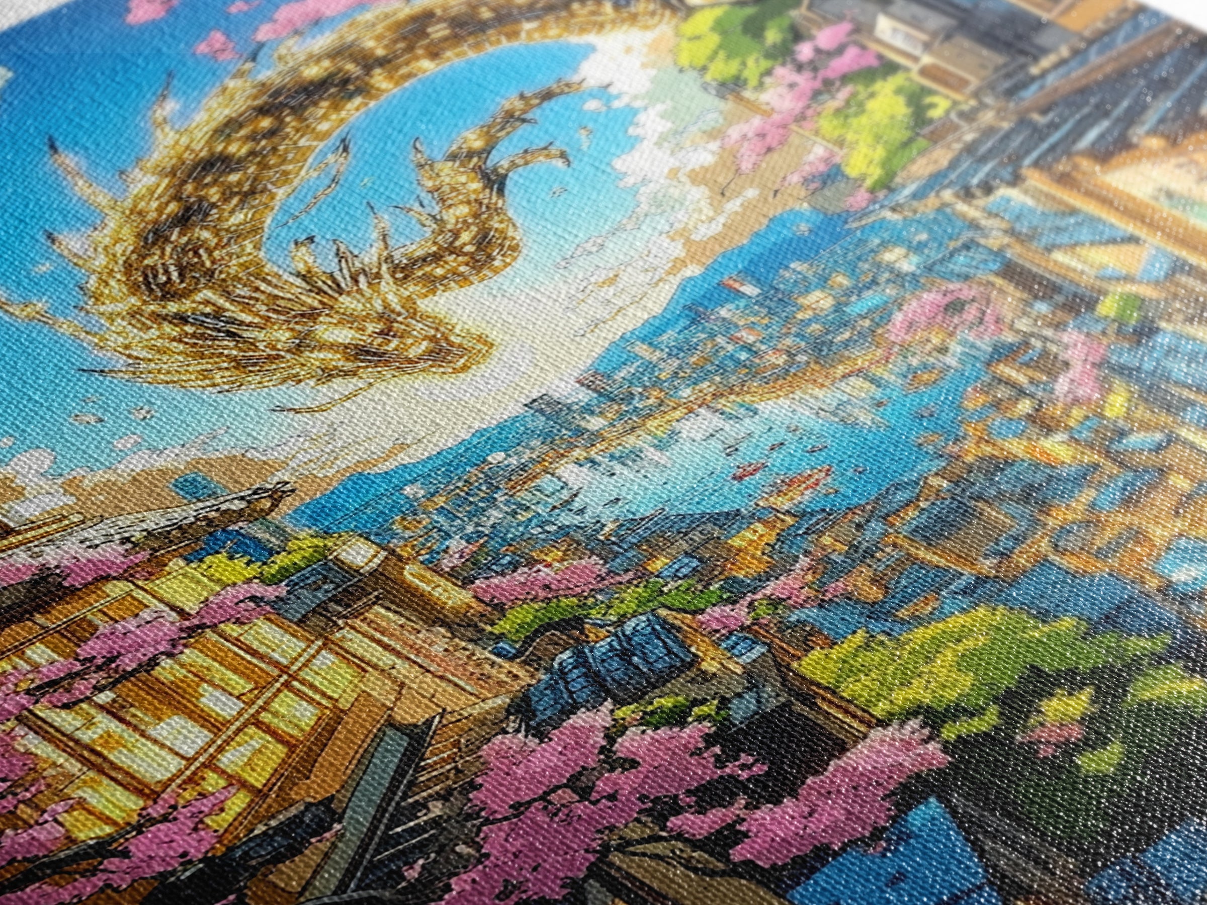 Golden Dragon Over Sakura Harbor Wall Art, Fantasy Japanese Cityscape Print, Cherry Blossom Decor For Asian Home Decor Gift