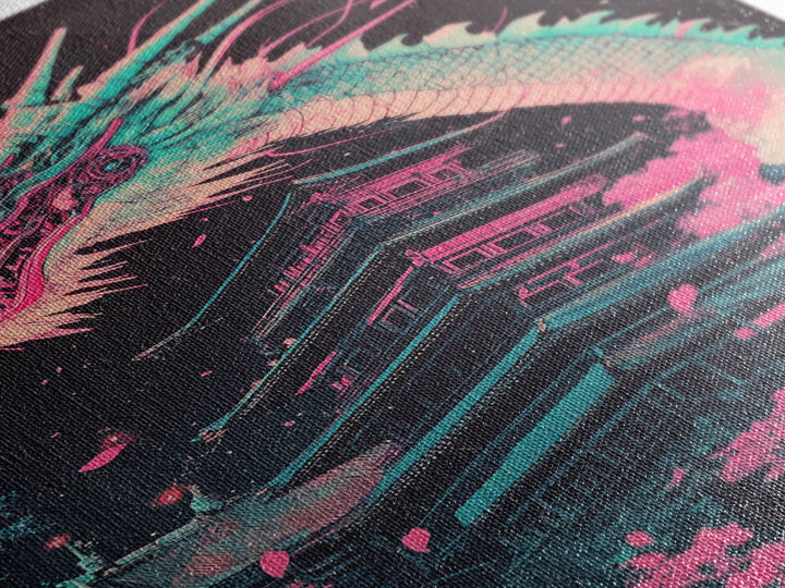 Neon Dragon Rising Over Midnight Pagoda Canvas Print, Japanese Cyberpunk Wall Art, Pink Sakura Fantasy Decor For Gaming Room