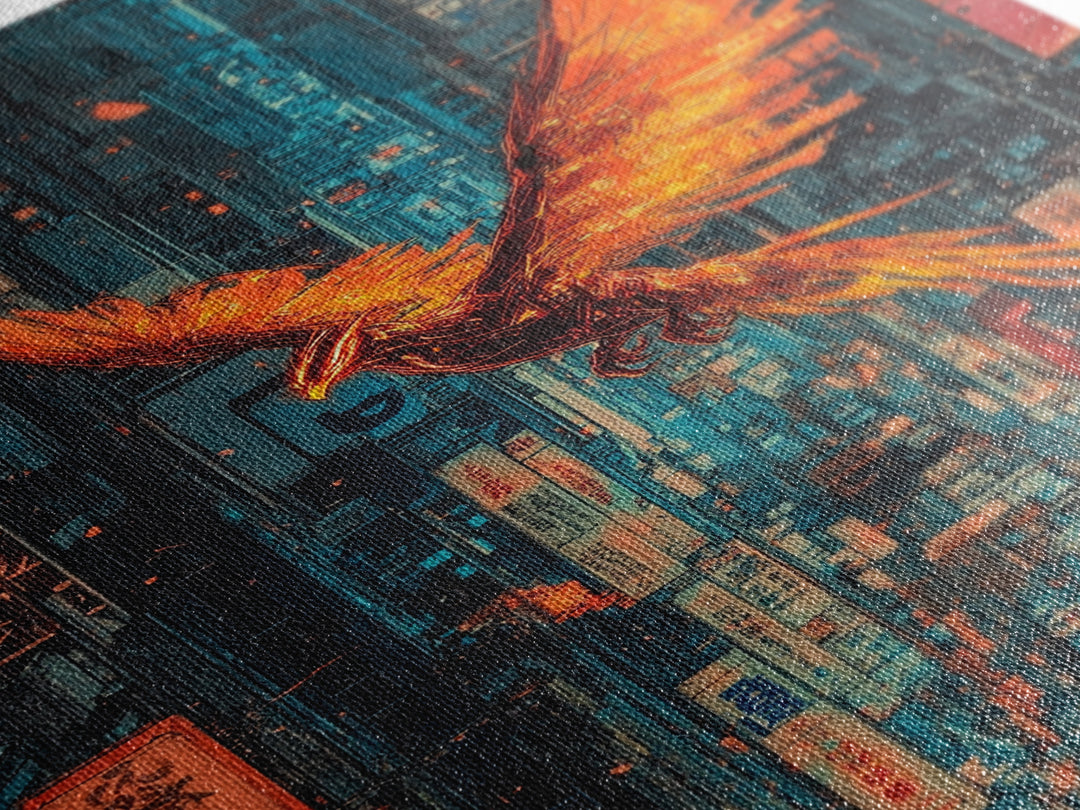 Fiery Phoenix Flying Through Neon Alley Wall Art, Cyberpunk City Canvas, Orange Bird Poster For Modern Office Decor Gift