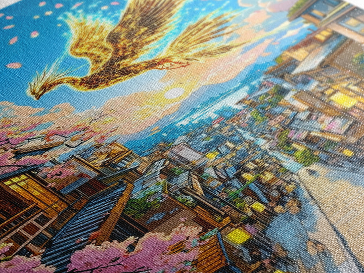 Golden Phoenix Over Sakura Hillside Town Framed Canvas Print, Japanese Fantasy Wall Art, Cherry Blossom Sunrise Decor For Home