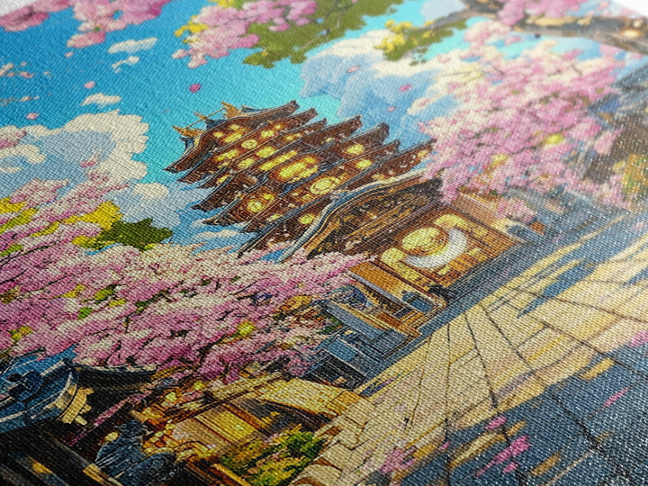 Illuminated Pagoda Under Pink Sakura Wall Art, Japanese Temple Print, Vibrant Spring Decor, Living Room Wall Decor, Gift For Her
