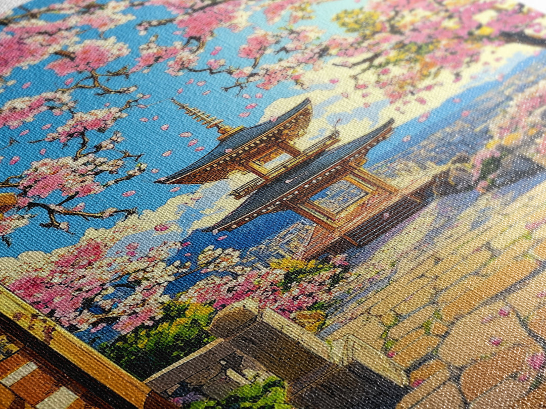Hilltop Pagoda Under Pink Cherry Blossoms Canvas Print, Japanese Cityscape Wall Art, Bright Spring Decor For Living Room