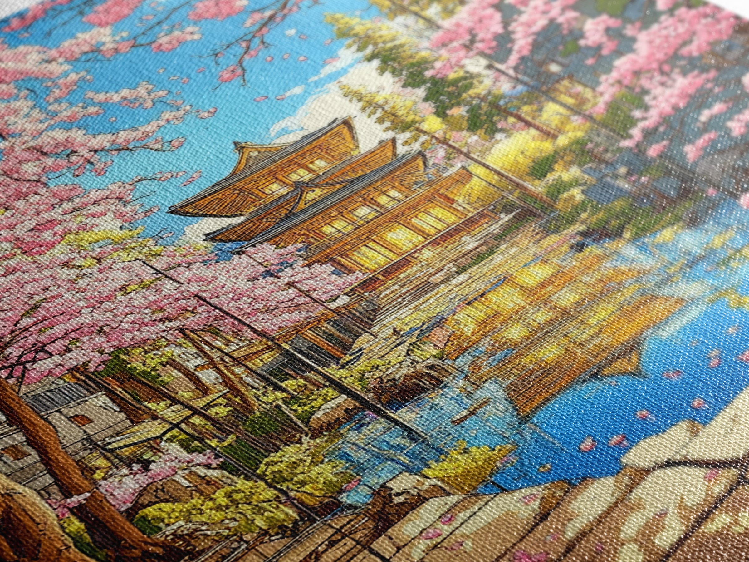 Golden Temple Reflected In Cherry Blossom Canal Wall Art, Japanese Garden Canvas Print, Colorful Spring Living Room Decor