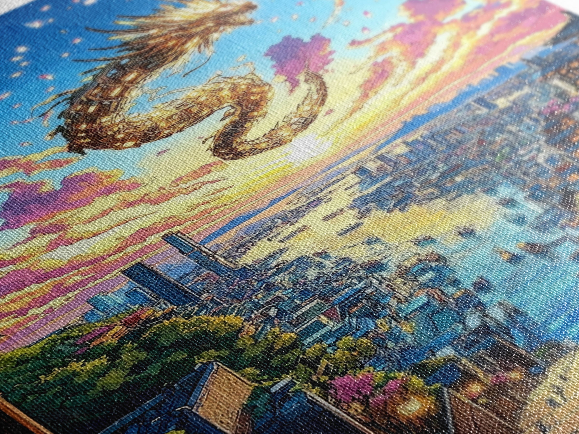 Golden Dragon City Sunset Canvas Print, Japanese Fantasy Wall Art, Vibrant Urban Landscape, Gamer Room Decor, Unique Gift