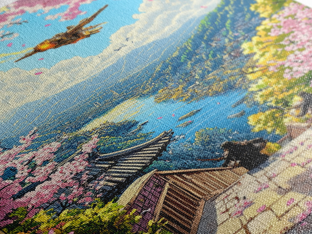 Airship Over Sakura Lake Wall Art, Fantasy Landscape Print, Japanese Mountain Decor, Whimsical Home Decor Gift For Her