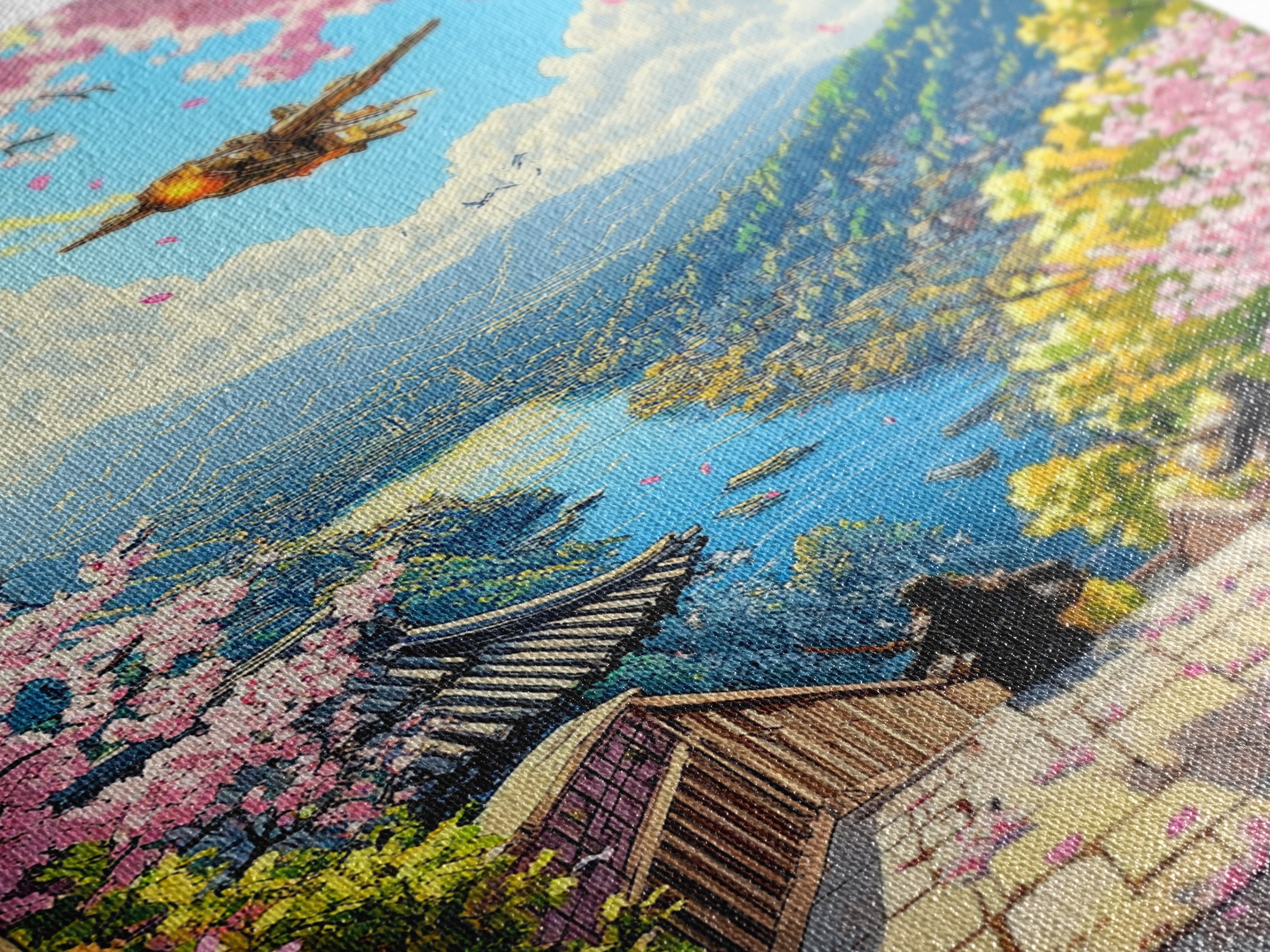 Airship Over Sakura Lake Wall Art, Fantasy Landscape Print, Japanese Mountain Decor, Whimsical Home Decor Gift For Her
