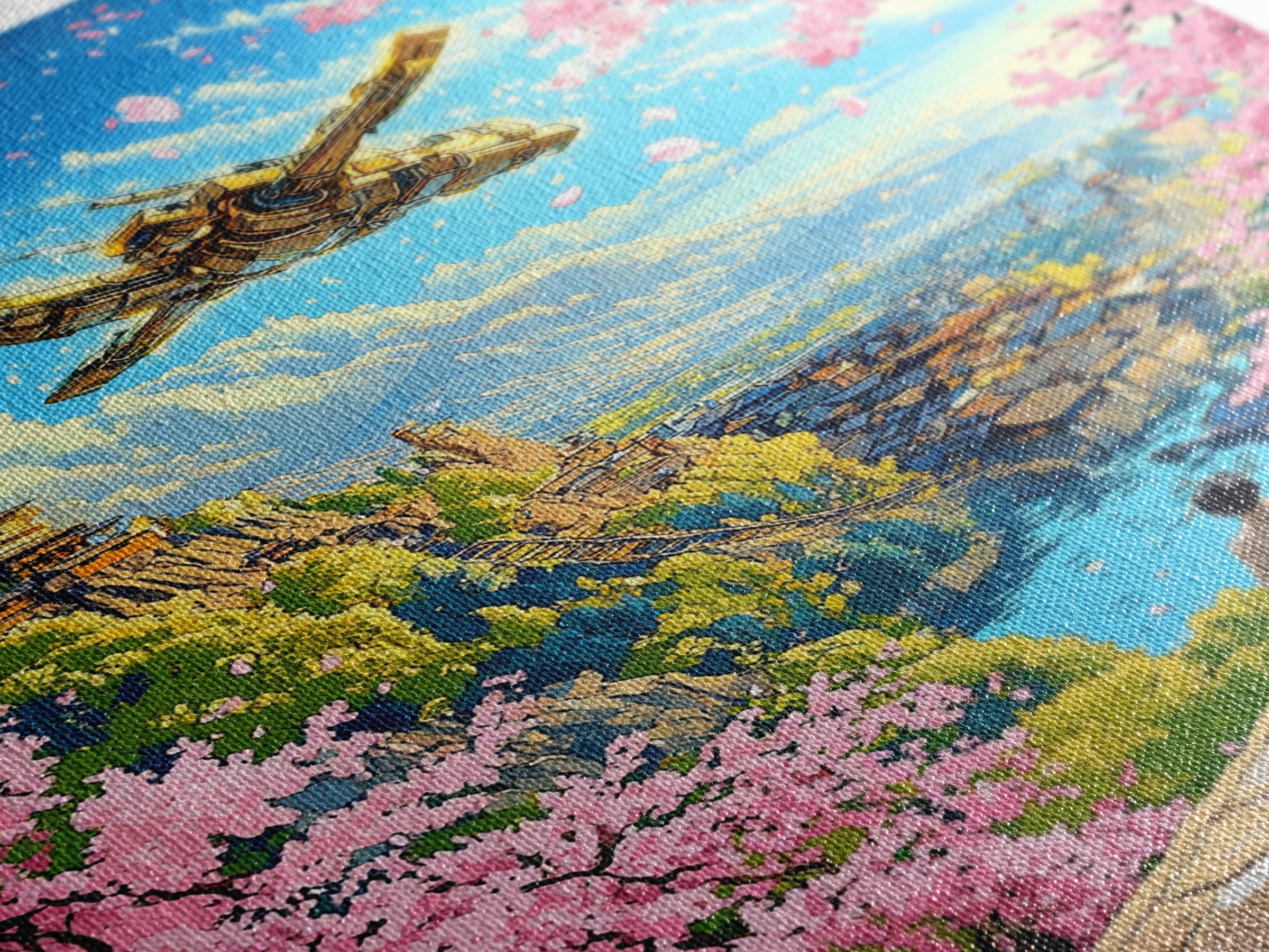 Flying Golden Airship Wall Art, Anime Sakura City Canvas Print, Japanese Fantasy Landscape Decor, Living Room Art Gift For Him