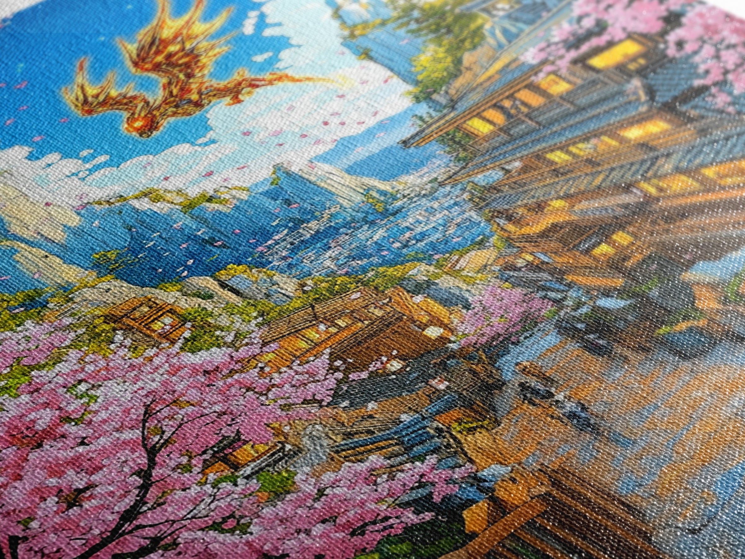 Golden Dragon Mountain Village Wall Art, Japanese Sakura Canvas Print, Anime Fantasy Landscape Decor, Colorful Living Room Art