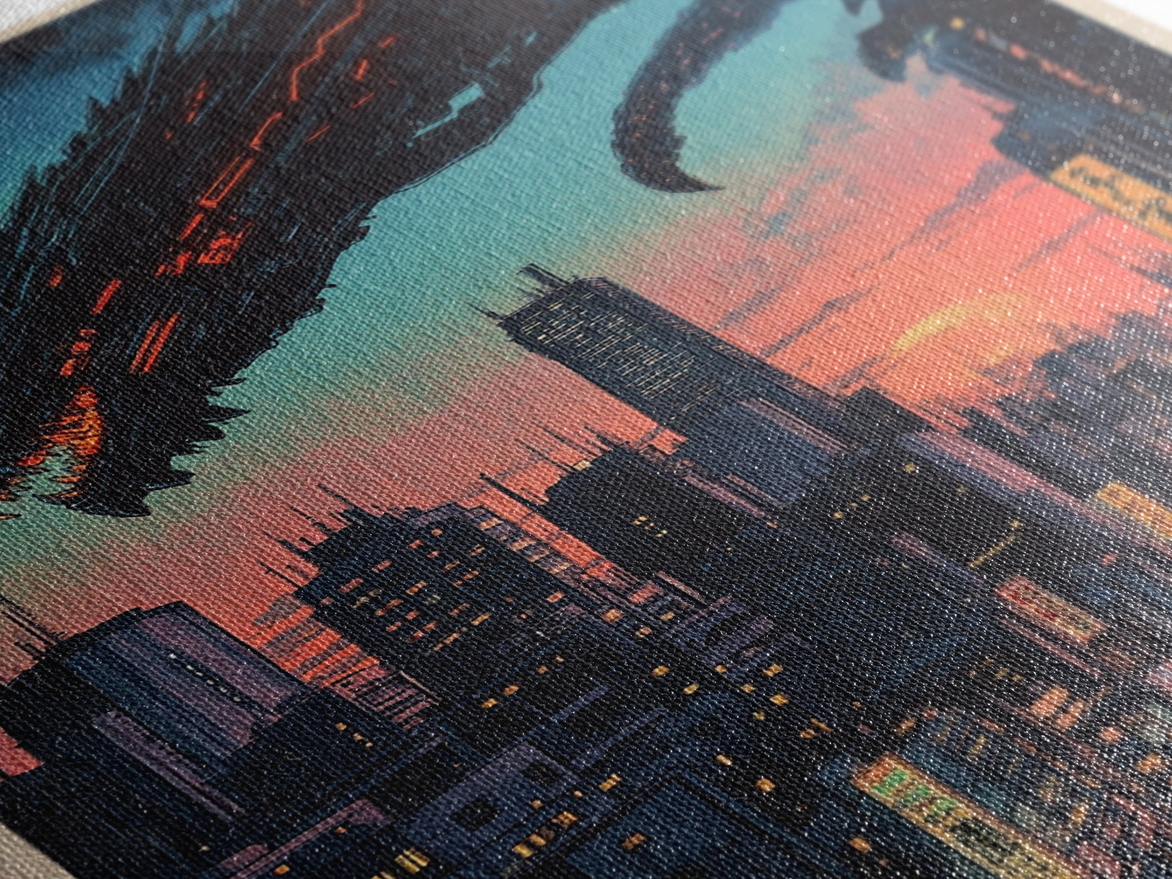 Cyberpunk Dragon City Wall Art, Neon Futuristic Skyline Canvas Print, Japanese Sci Fi Decor, Gaming Room Wall Art Gift For Him