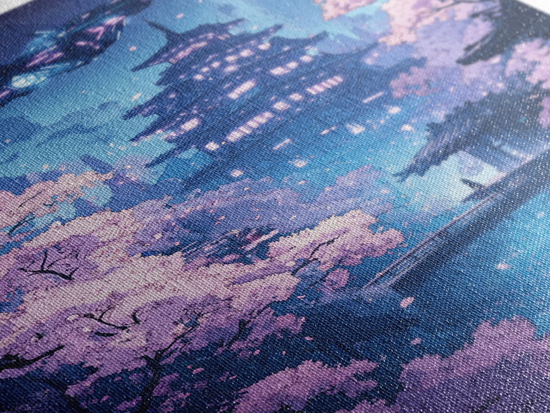 Futuristic Sakura Pagoda Wall Art, Purple Cherry Blossom Canvas Print, Sci Fi Japanese Landscape Decor, Bedroom Wall Art Gift For Her