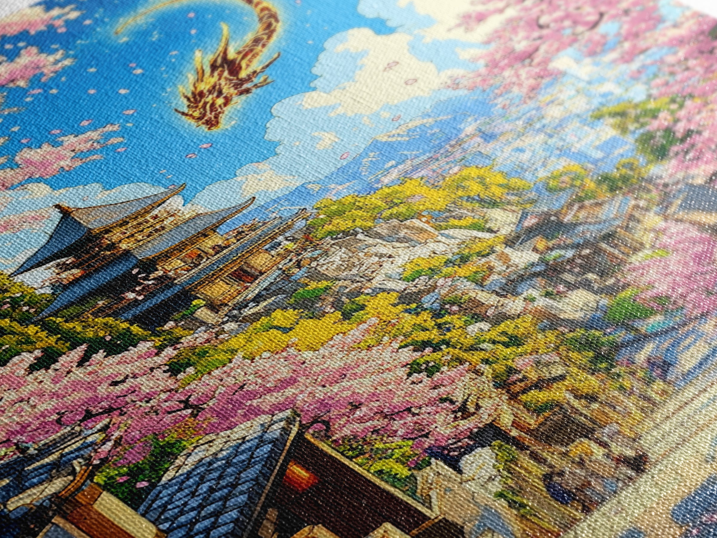 Golden Dragon Over Kyoto Pagoda Wall Art, Japanese Cherry Blossom Fantasy, Anime Landscape, Asian Home Decor, Living Room Art