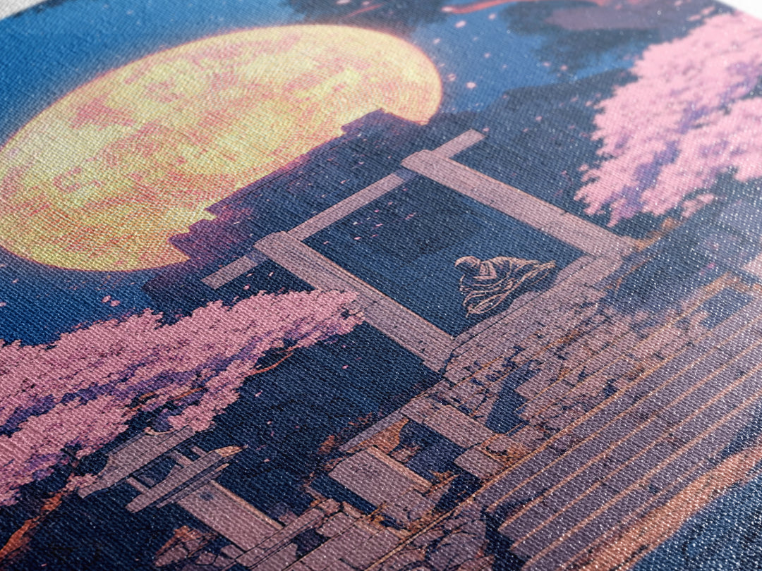 Glowing Moon Shrine With Meditating Monk Canvas Print, Japanese Wall Art, Cherry Blossom Decor, Zen Fantasy Living Room Art