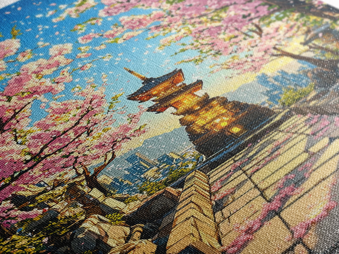 Cherry Blossom Pagoda Path Wall Art, Japanese Temple Landscape, Anime City Skyline, Spring Decor, Large Framed Canvas Print