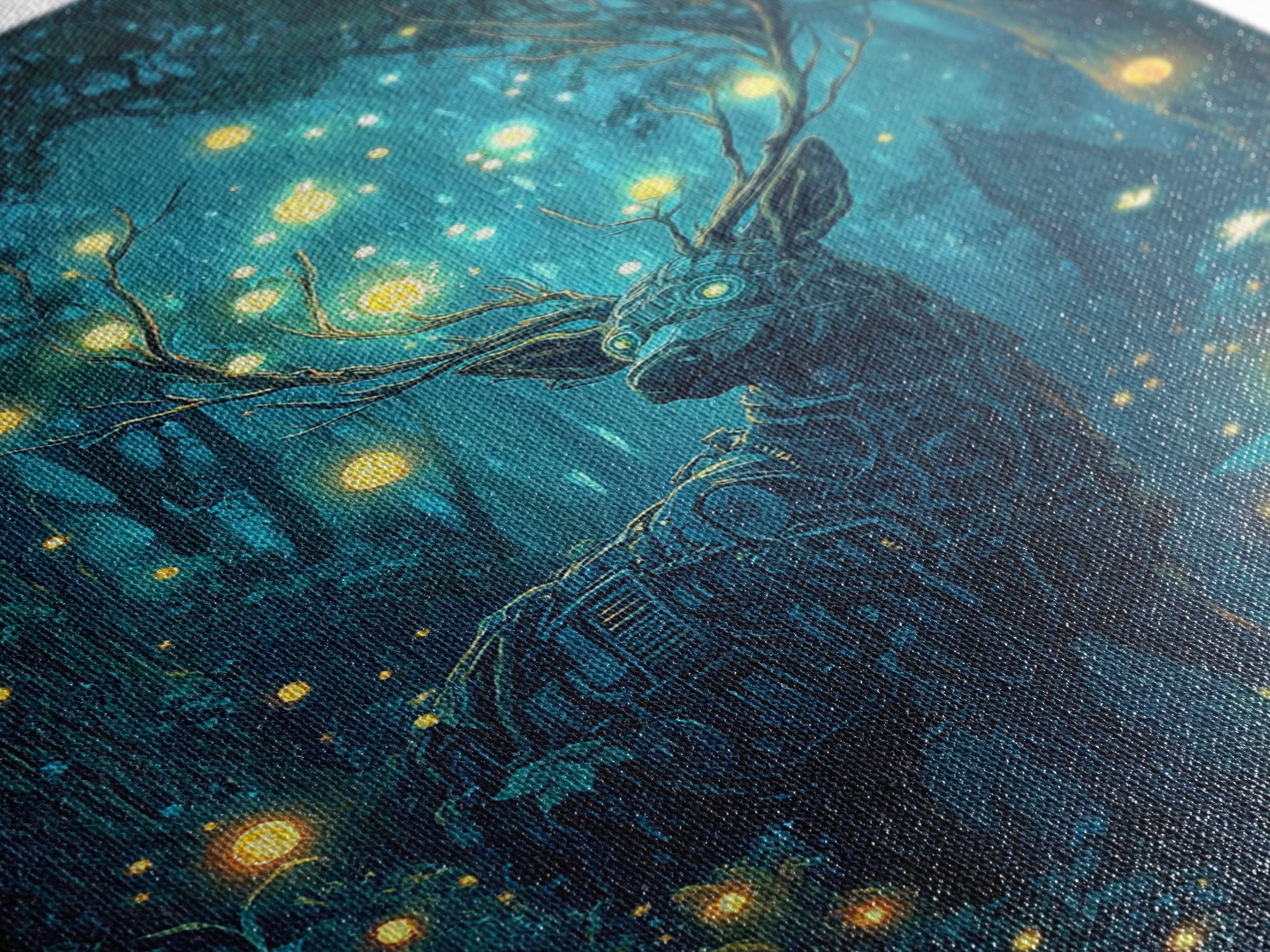 Mechanical Deer In Enchanted Forest Wall Art, Glowing Firefly Fantasy, Cyberpunk Animal Art, Whimsical Nature Canvas Print