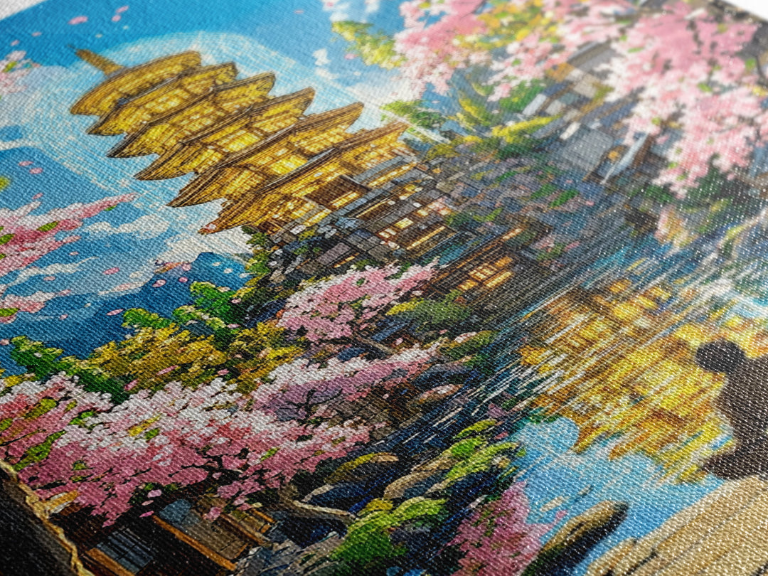 Golden Pagoda Reflecting On Canal Framed Canvas Print, Japanese Cherry Blossom Wall Art, Zen Landscape, Asian Home Decor
