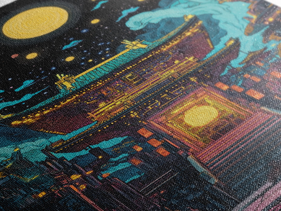 Starry Night Japanese Temple Wall Art, Glowing Moon Sci Fi Fantasy, Asian Cyberpunk Decor, Dark Academia Canvas Print, Home Decor