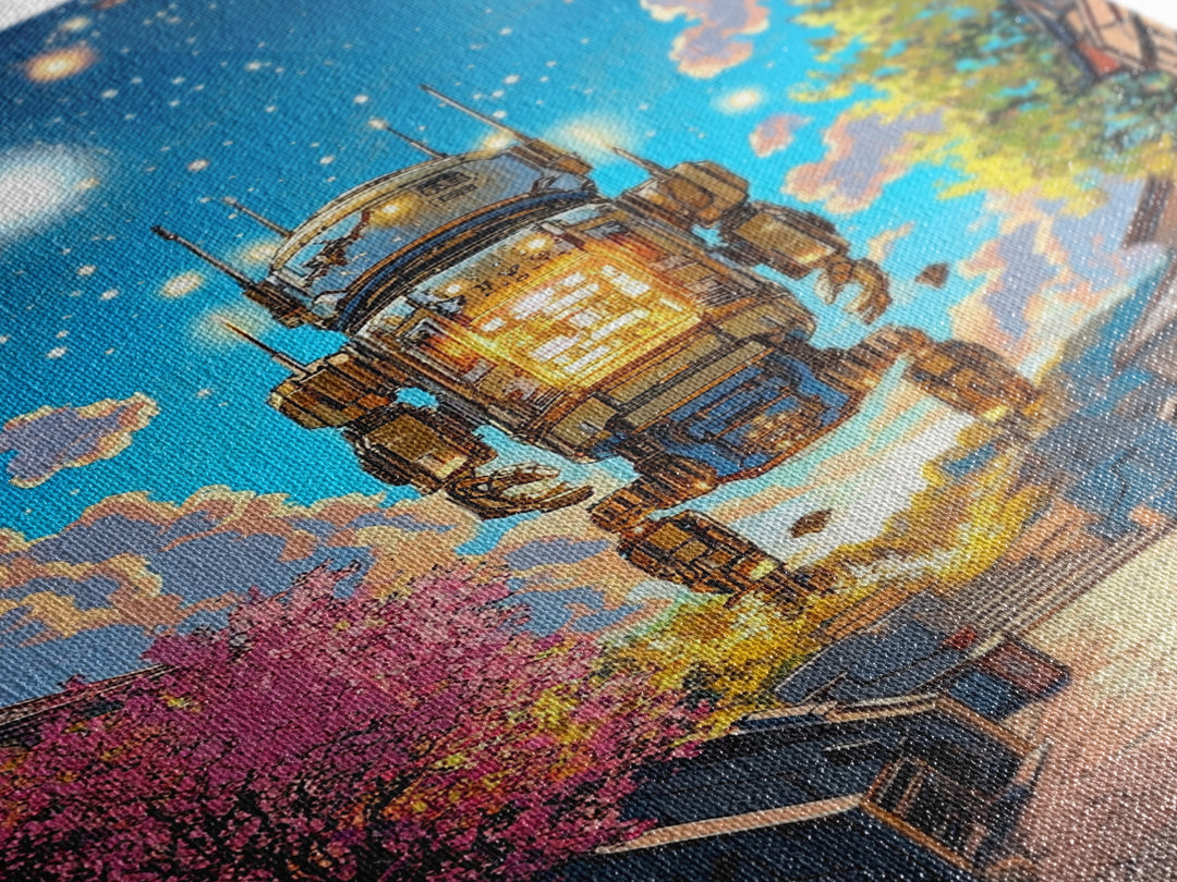 Floating Lantern Robot Wall Art, Futuristic Japanese Street Canvas Print, Cyberpunk Sakura Village Sci Fi Home Decor Gift