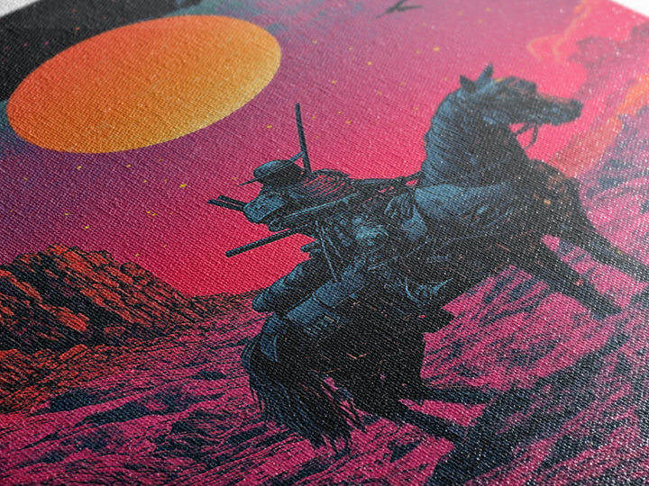 Samurai Horseback Desert Wall Art, Orange Sun Western Japanese Canvas Print, Retro Futuristic Warrior Decor Gift For Man Cave