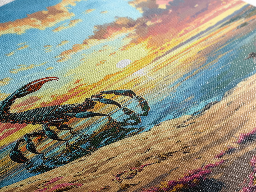 Giant Scorpion Beach Sunset Wall Art, Surreal Fantasy Landscape Canvas, Coastal Sci Fi Decor, Unique Gift For Him, Statement Artwork