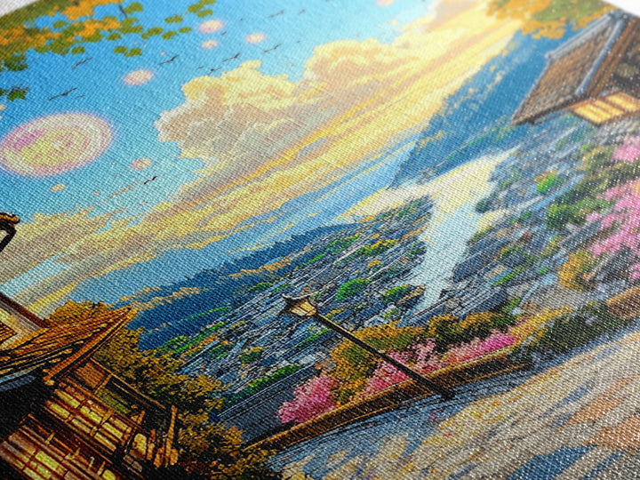 Magical Japanese Lakeside Village Canvas Print, Sunset Mountain Wall Decor, Cherry Blossom Art, Japandi Home Decor Gift Idea