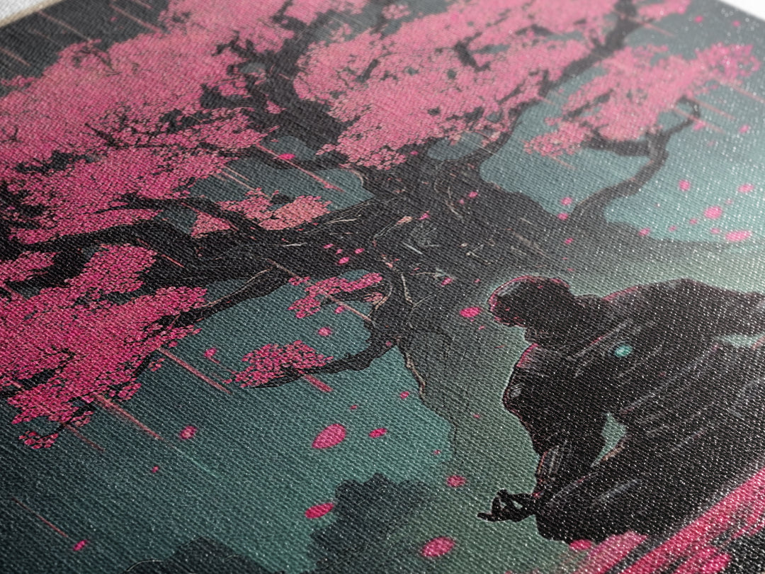 Astronaut Meditating Under Pink Cherry Tree Wall Art, Sci Fi Zen Decor, Dark Botanical Fantasy Framed Canvas Print Gift For Him