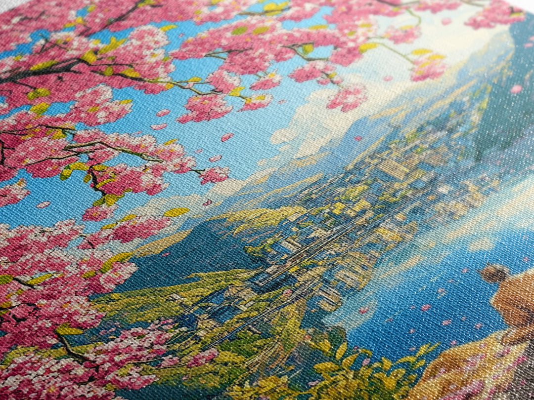 Cherry Blossom Lake Meditation Canvas Print, Japanese Mountain Wall Art, Spring Nature Decor, Peaceful Zen Gift For Her Idea