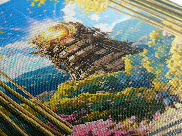 Glowing Samurai Tower In Bamboo Forest Wall Art, Japanese Fantasy Landscape, Asian Inspired Art Canvas Print, Living Room Decor