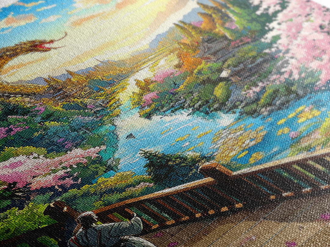 Golden Dragon Above Cherry Blossom Valley Wall Art, Japanese Fantasy Landscape, River Mountain Canvas Print, Zen Home Decor