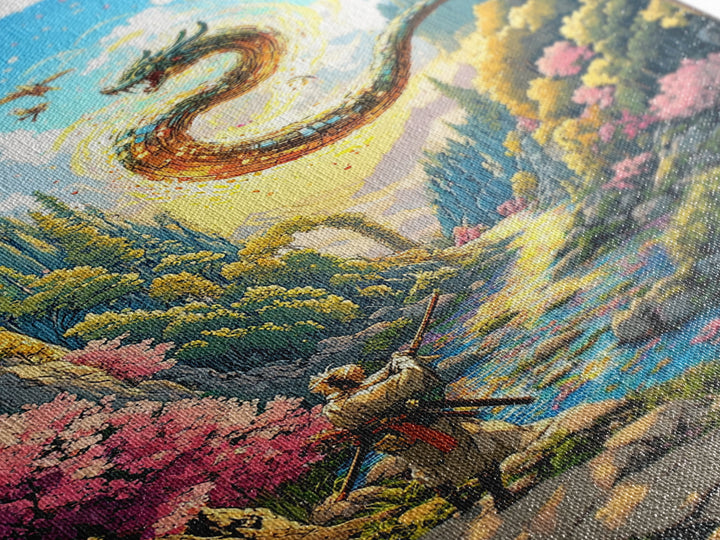 Warrior And Golden Dragon Mountain River Wall Art, Japanese Fantasy Canvas Print, Samurai Decor, Cherry Blossom Landscape