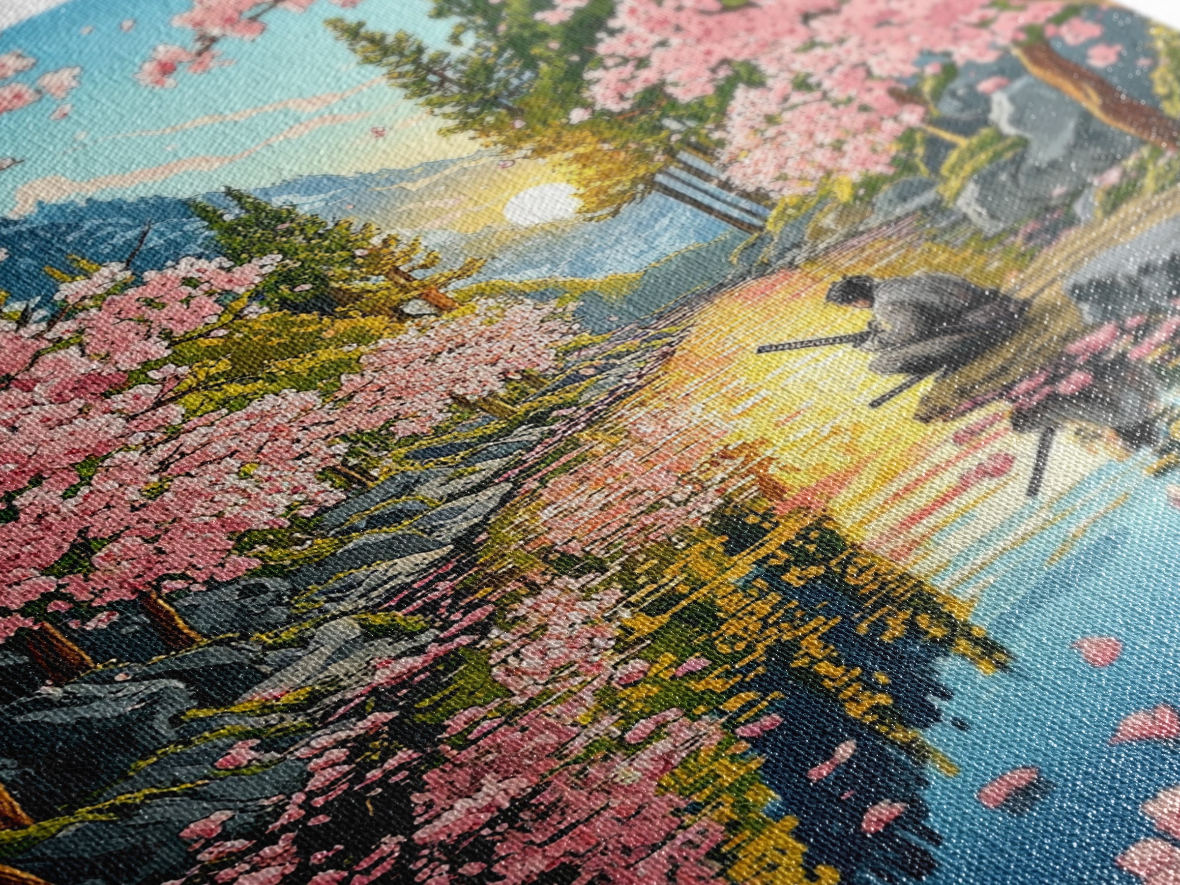 Samurai Meditation Beside Cherry River Wall Art, Japanese Landscape Canvas Print, Sakura Sunset Decor, Mountain Reflection