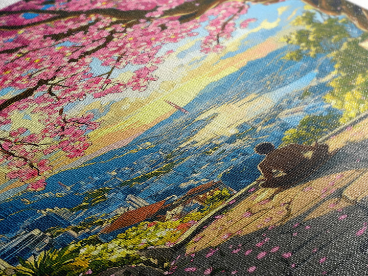 Sunset Cherry Blossom Bay Wall Art, Japanese Landscape Painting, Zen Meditation Decor, Colorful Coastal Living Room Print