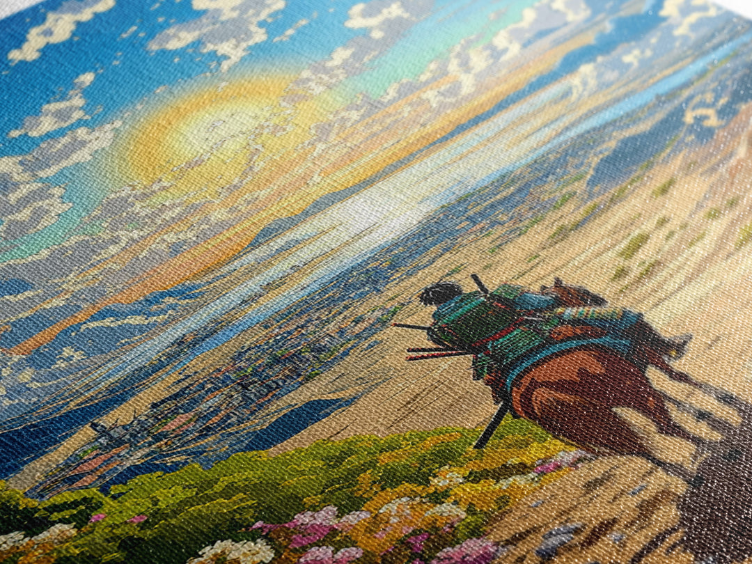 Samurai Rider Above Sunlit Ocean Valley Canvas Print, Japanese Landscape Wall Art, Coastal Mountain Decor, Colorful Print