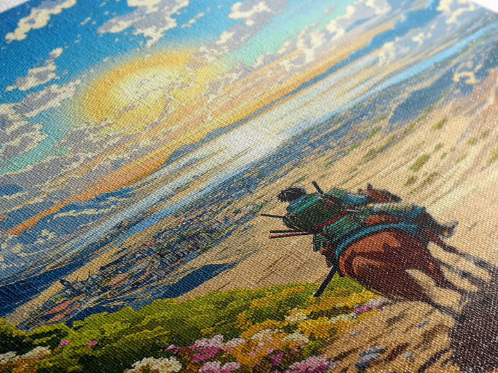 Samurai Rider Above Sunlit Ocean Valley Canvas Print, Japanese Landscape Wall Art, Coastal Mountain Decor, Colorful Print