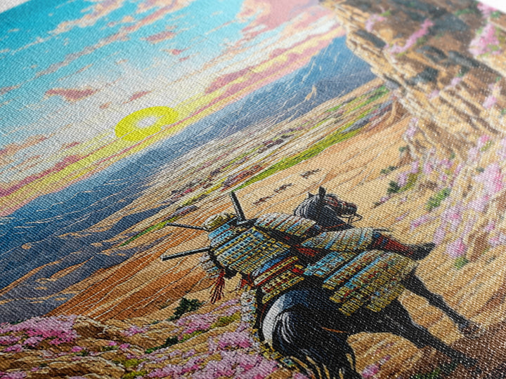 Armored Samurai Horse In Desert Canyon Sunrise Framed Canvas Print, Japanese Western Wall Art, Mountain Landscape Home Decor