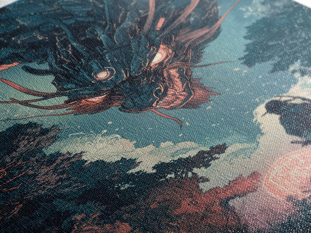 Dark Mechanical Dragon And Samurai Wall Art, Japanese Fantasy Poster, Cyberpunk Decor, Moody Sci Fi Living Room Art Print