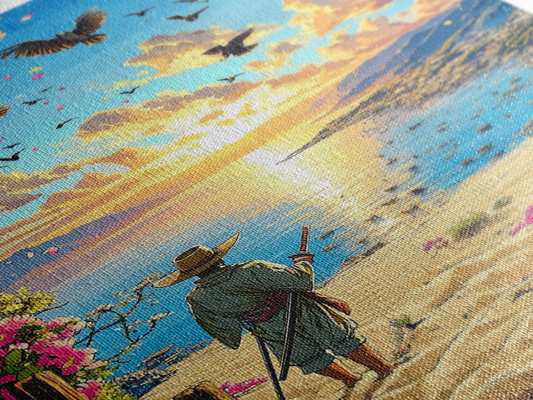 Samurai On Sunny Flower Framed Beach Canvas Print, Coastal Wall Art, Tropical Sunset Poster, Beach House Living Room Decor