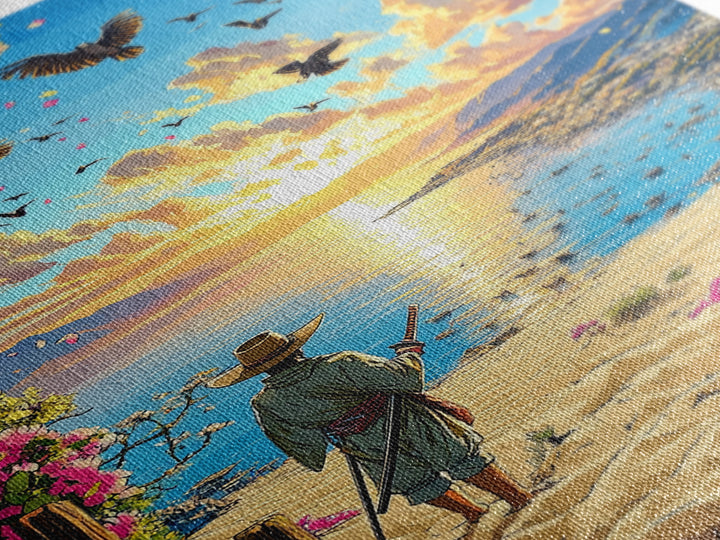 Samurai On Sunny Flower Framed Beach Canvas Print, Coastal Wall Art, Tropical Sunset Poster, Beach House Living Room Decor