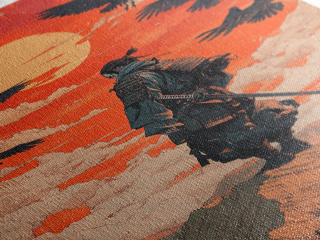 Armored Samurai Beneath Red Sunset And Ravens Canvas Print, Japanese Warrior Wall Art, Desert Fantasy Poster, Office Decor
