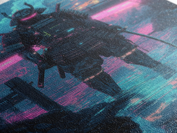 Neon Cyberpunk Samurai In Rain Wall Art, Futuristic City Canvas Print, Japanese Warrior Gaming Room Decor Gift For Him Poster