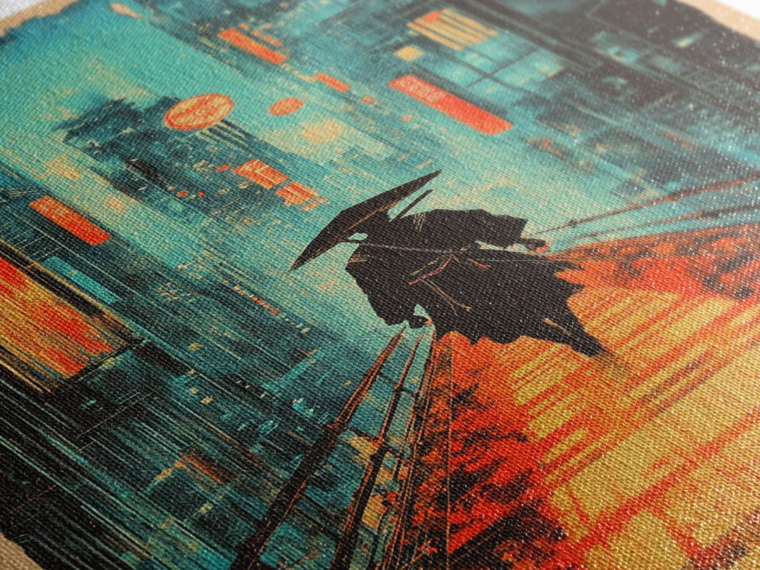 Lone Samurai With Umbrella Wall Art, Neon Cyberpunk City Canvas Print, Japanese Rainy Night Poster Home Office Decor Gift